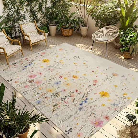 Fsddascl Wildflowers Blossom Outdoor Rug for Patio/Deck/Porch, Non-Slip Large Area Rug 4 x 6 Ft, Spring Rustic Retro Botanical Indoor Outdoor Rugs Washable Area Rugs, Reversible Camping Rug Carpet