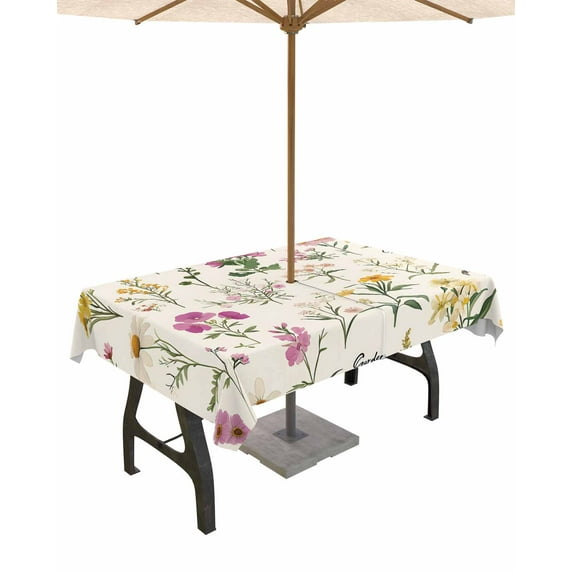 Fsddascl Wildflowers Outdoor Tablecloth - 60x120 Inch Rectangle Dining Table Cover, Blossoming Botanical Prints Garden Floral Waterproof Outdoor Table Cloth with Umbrella Hole & Zipper for Patio