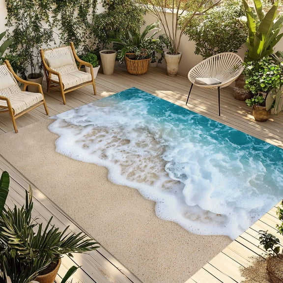 Fsddascl Yellow Beach Outdoor Rug for Patio/Deck/Porch, Non-Slip Large Area Rug 6 x 9 Ft, Nature Ocean Blue Seawater Indoor Outdoor Rugs Washable Area Rugs, Reversible Camping Rug Carpet Runner