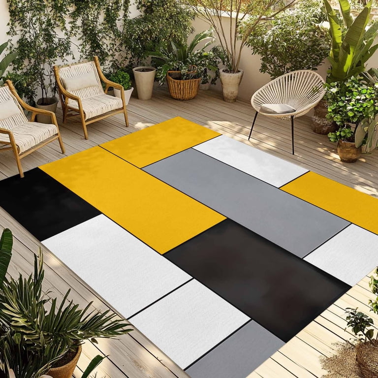 Fsddascl Yellow Black Grey Outdoor Rug for Patio/Deck/Porch, Non