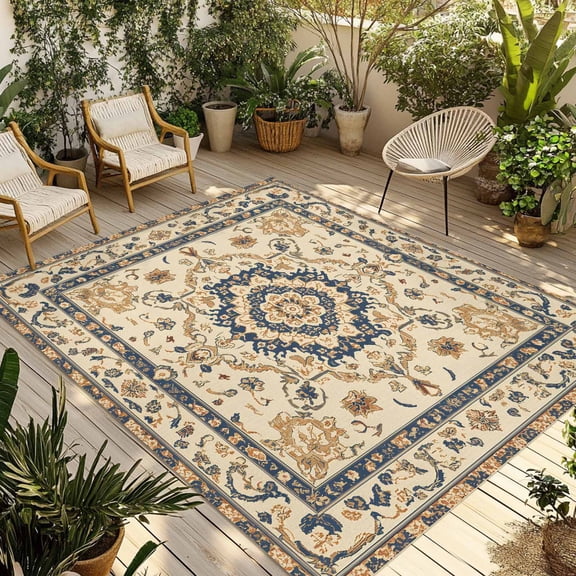 Fsddascl Yellow Blue Boho Outdoor Rug for Patio/Deck/Porch, Non-Slip Large Area Rug 5 x 8 Ft, Rustic Southwestern Ethnic Geometric Indoor Outdoor Rugs Washable Area Rugs, Camping Rug Carpet