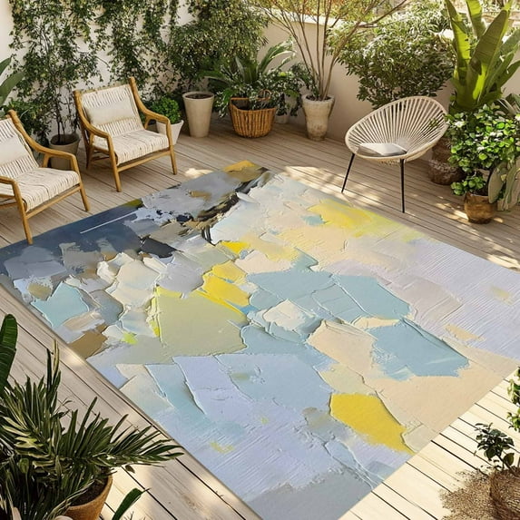 Fsddascl Yellow Blue Color Blocks Outdoor Rug for Patio/Deck/Porch, Non-Slip Large Area Rug 4 x 6 Ft, Abstract Oil Painting Art Indoor Outdoor Rugs Washable Area Rugs, Reversible Camping Rug Carpet
