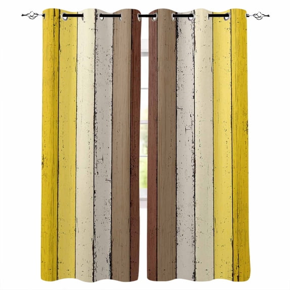 Fsddascl Yellow Brown Blackout Curtains for Bedroom/Living Room, Thermal Insulated Kitchen Curtains, Farmhouse Wood Grain Vintage Striped Grommet Darkening Window Treatment Drapes 52"x72"x2