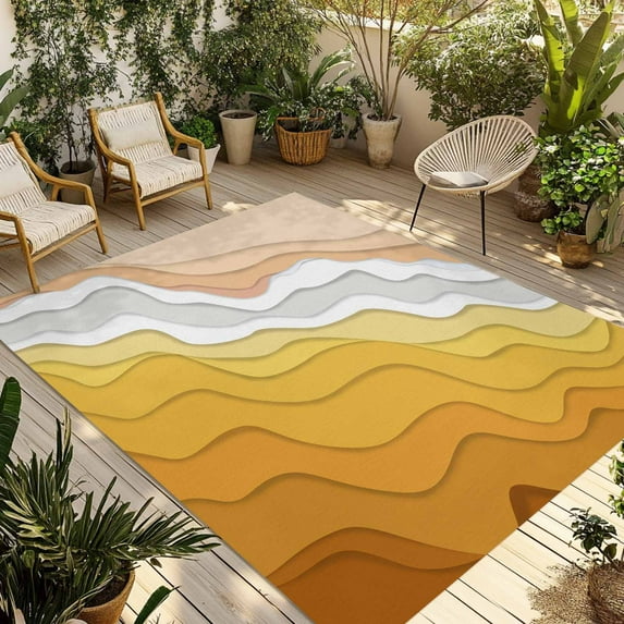Fsddascl Yellow Coastal Beach Outdoor Rug for Patio/Deck/Porch, Non-Slip Large Area Rug 4 x 6 Ft, Farmhouse Simple Sea Waves Lines Indoor Outdoor Rugs Washable Area Rugs, Camping Rug Carpet
