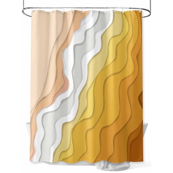 Fsddascl Yellow Coastal Beach Shower Curtain Set - 72" x 78" Washable Bathtub Curtain with 12 Hooks, Farmhouse Simple Sea Waves Lines Waterproof Fabric Stall Shower Curtains for Bathroom/Bathtub