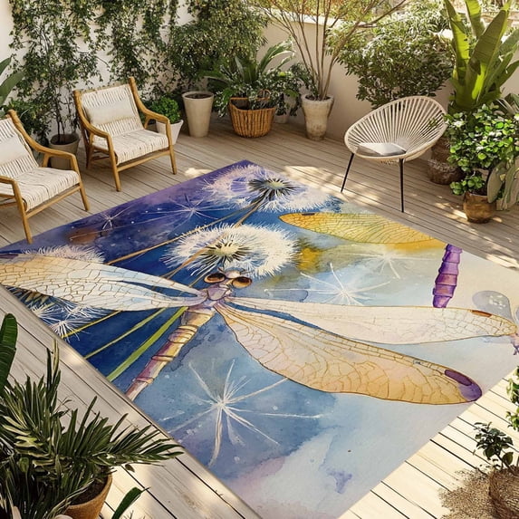 Fsddascl Yellow Dragonfly Outdoor Rug for Patio/Deck/Porch, Non-Slip Large Area Rug 5 x 8 Ft, Summer Spring Floral Watercolor Indoor Outdoor Rugs Washable Area Rugs, Reversible Camping Rug Carpet