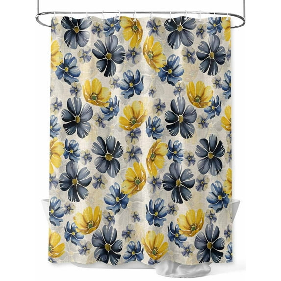Fsddascl Yellow Floral Shower Curtain Set - Small 36" x 72" Washable Bathtub Curtain with 12 Hooks, Pastoral Pastel Blue Daisy Wildflower Waterproof Fabric Stall Shower Curtains for Bathroom/Bathtub
