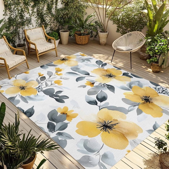 Fsddascl Yellow Floral Spring Outdoor Rug for Patio/Deck/Porch, Non-Slip Large Area Rug 5 x 8 Ft, Summer Botanical Gray Elegant Indoor Outdoor Rugs Washable Area Rugs, Reversible Camping Rug Carpet