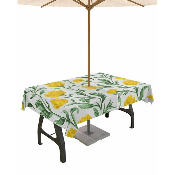 Fsddascl Yellow Flowers Outdoor Tablecloth - 60x120 Inch Rectangle Dining Table Cover, Vintage Country Spring Botanical Flowers Waterproof Outdoor Table Cloth with Umbrella Hole & Zipper for Patio