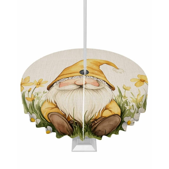 Fsddascl Yellow Gnomes Outdoor Tablecloth - 54 Inch Round Dining Table Cover, Spring Floral Elegant Rustic Waterproof Outdoor Table Cloth with Umbrella Hole & Zipper for Picnic/Patio/Party