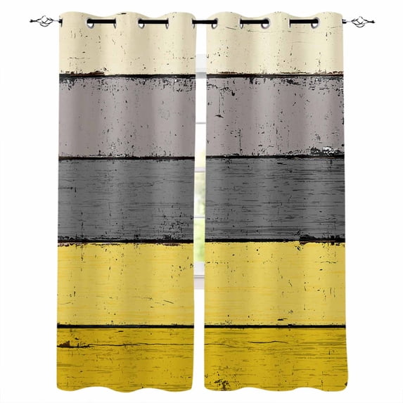 Fsddascl Yellow Grey Blackout Curtains for Bedroom/Living Room, Thermal Insulated Kitchen Curtains, Vintage Stripe Farmhouse Wood Grain Ombre Grommet Darkening Window Treatment Drapes 42"x54"x2