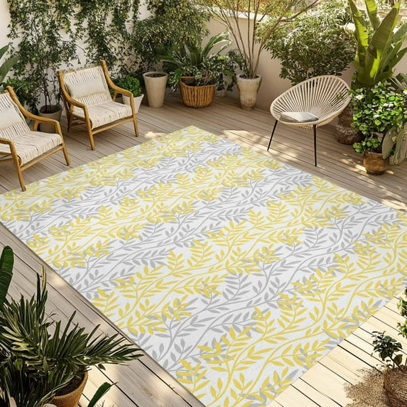 Fsddascl Yellow Grey Botanical Outdoor Rug for Patio/Deck, Non-Slip Large Area Rug 6 x 9 Ft, Pastoral Spring Summer Leaf Aesthetics Indoor Outdoor Rugs Washable Area Rugs, Camping Rug Carpet