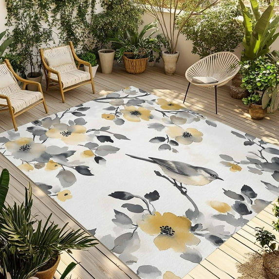 Fsddascl Yellow Grey Botanical Outdoor Rug for Patio/Deck/Porch, Non-Slip Large Area Rug 5 x 8 Ft, Spring Floral Birds Retro Summer Indoor Outdoor Rugs Washable Area Rugs, Camping Rug Carpet