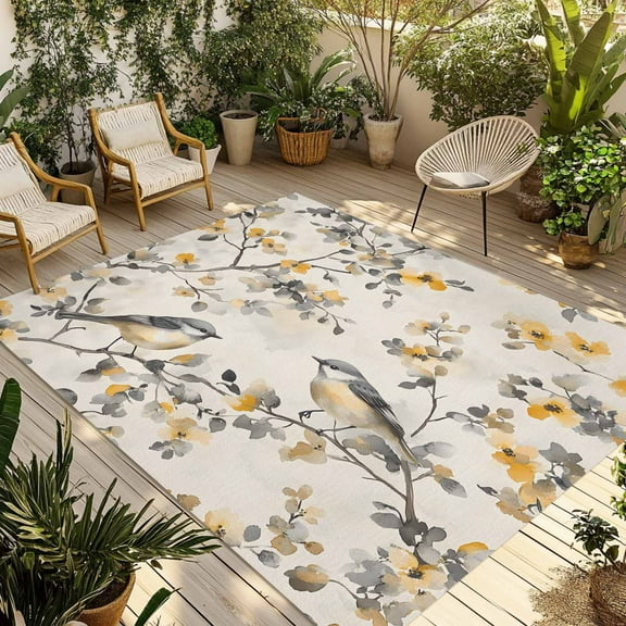 Fsddascl Yellow Grey Botanical Outdoor Rug for Patio/Deck/Porch, Non-Slip Large Area Rug 5 x 8 Ft, Spring Floral Summer Birds Retro Indoor Outdoor Rugs Washable Area Rugs, Camping Rug Carpet