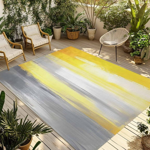 Fsddascl Yellow Grey Outdoor Rug for Patio/Deck/Porch, Non-Slip Large Area Rug 5 x 8 Ft, Modern Oil Painting Abstract Art Indoor Outdoor Rugs Washable Area Rugs, Reversible Camping Rug Carpet Runner