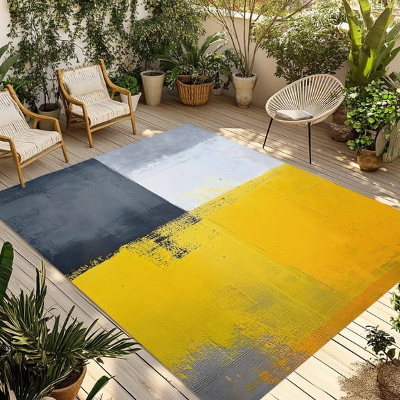 Fsddascl Yellow Grey Outdoor Rug for Patio/Deck/Porch, Non-Slip Large Area Rug 5 x 8 Ft, Oil Painting Abstract Artwork Indoor Outdoor Rugs Washable Area Rugs, Reversible Camping Rug Carpet Runner