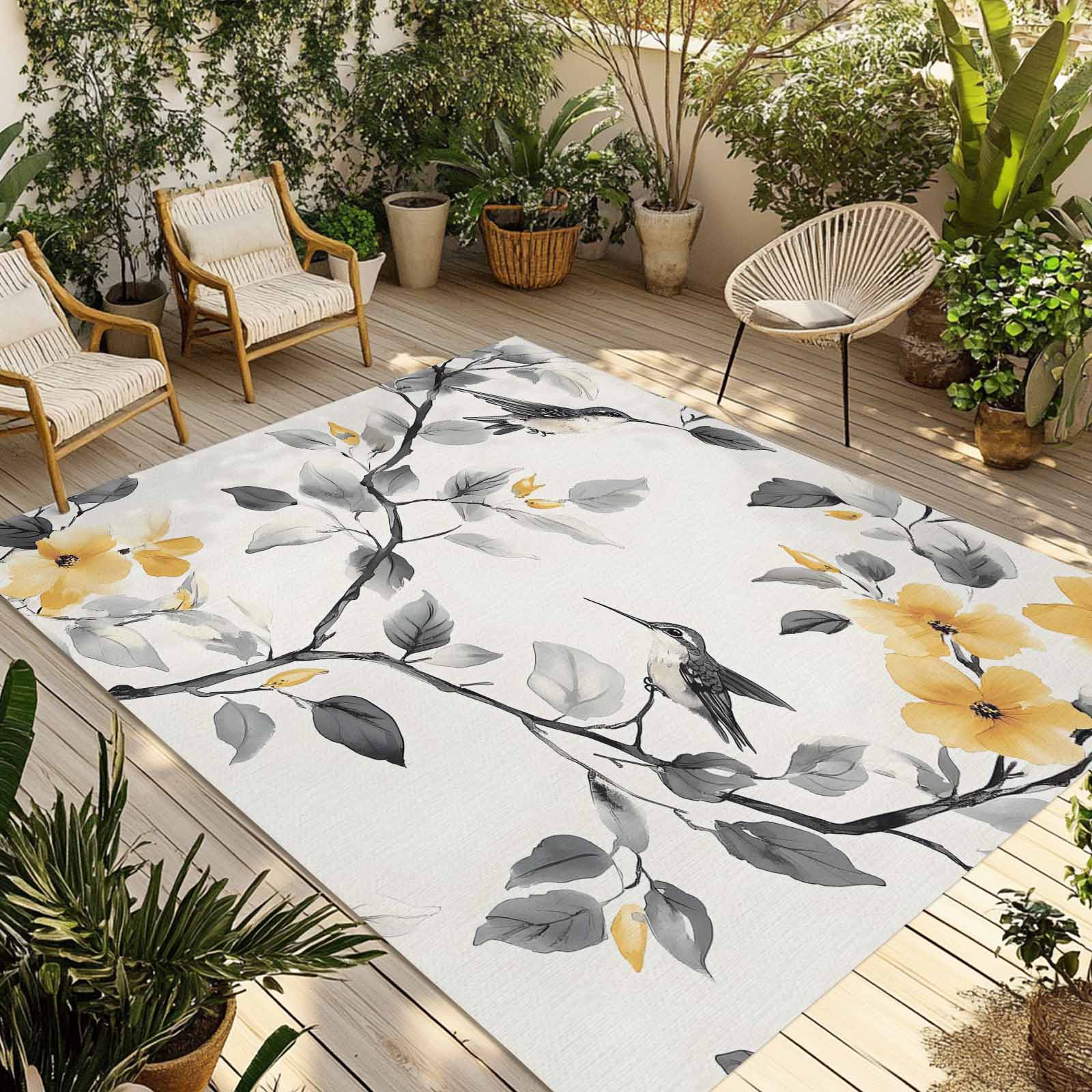 Grey Spring Fsddascl Yellow Grey Spring Floral Outdoor Rug for Patio/Deck/Porch ...