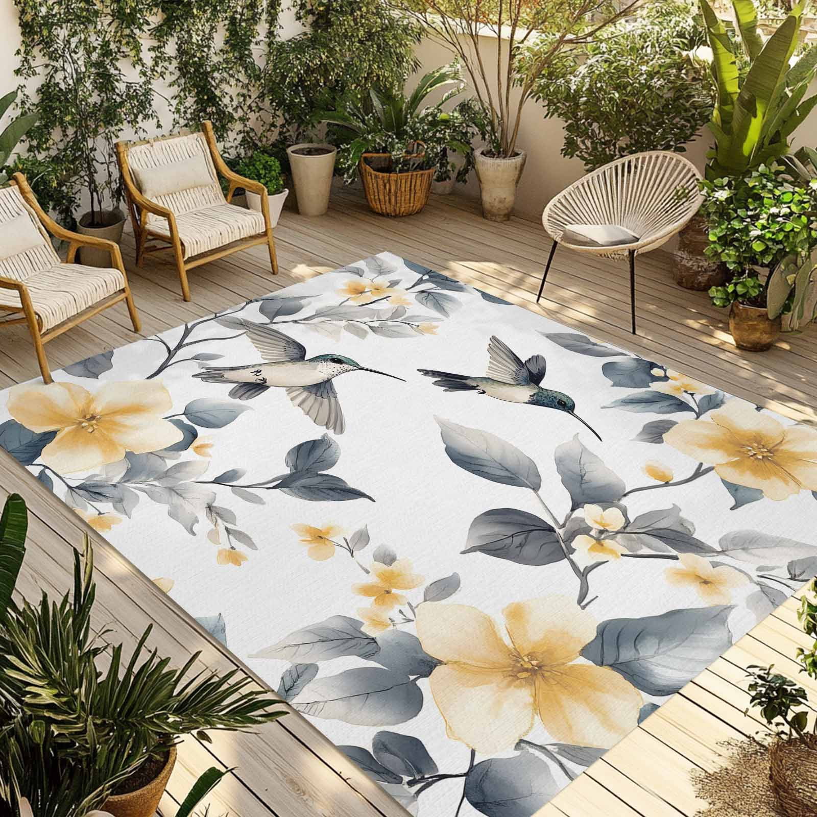 Fsddascl Yellow Grey Spring Floral Outdoor Rug for Patio/Deck/Porch, Non-Slip Large Area Rug 5 x 8 Ft, Birds Summer Botanical Indoor Outdoor Rugs Washable Area Rugs, Reversible Camping Rug Carpet