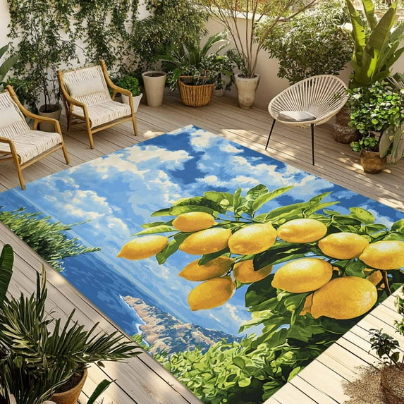 Fsddascl Yellow Lemon Outdoor Rug for Patio/Deck/Porch, Non-Slip Large Area Rug 4 x 6 Ft, Summer Blue Sky Coastal Scenery Indoor Outdoor Rugs Washable Area Rugs, Reversible Camping Rug Carpet Runner