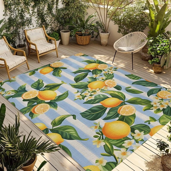Fsddascl Yellow Lemon Outdoor Rug for Patio/Deck/Porch, Non-Slip Large Area Rug 5 x 8 Ft, Rustic Summer Fruit Blue Strip Burlap Indoor Outdoor Rugs Washable Area Rugs, Reversible Camping Rug Carpet