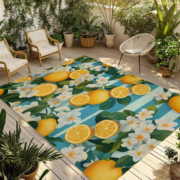 Fsddascl Yellow Lemon Outdoor Rug for Patio/Deck/Porch, Non-Slip Large Area Rug 5 x 8 Ft, Summer Fruit Floral Blue Stripe Burlap Indoor Outdoor Rugs Washable Area Rugs, Reversible Camping Rug Carpet