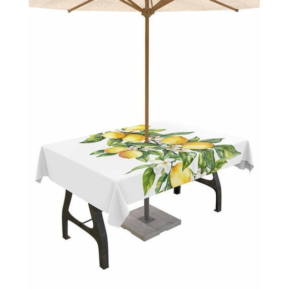 Fsddascl Yellow Lemon Outdoor Tablecloth - 60x102 Inch Rectangle Dining Table Cover, Simple Spring Botanical Fruit Leaves Flower Waterproof Outdoor Table Cloth with Umbrella Hole & Zipper for Patio