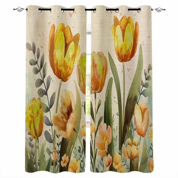 Fsddascl Yellow Orange Spring Floral Blackout Curtains for Bedroom/Living Room, Thermal Insulated Kitchen Curtains, Summer Botanical Tulip Vintage Grommet Darkening Window Treatment Drapes 52"x96"x2