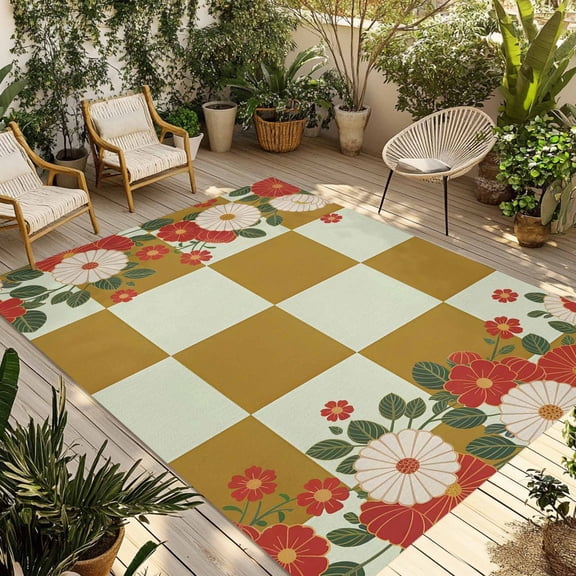 Fsddascl Yellow Plaid Outdoor Rug for Patio/Deck/Porch, Non-Slip Large Area Rug 5 x 8 Ft, Japanese Red Floral Flowers Buffalo Checked Indoor Outdoor Rugs Washable Area Rugs, Camping Rug Carpet Runner