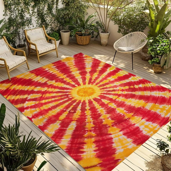 Fsddascl Yellow Red Boho Outdoor Rug for Patio/Deck/Porch, Non-Slip Large Area Rug 4 x 6 Ft, Farmhouse Gradient Abstract Tie Dye Art Indoor Outdoor Rugs Washable Area Rugs, Camping Rug Carpet