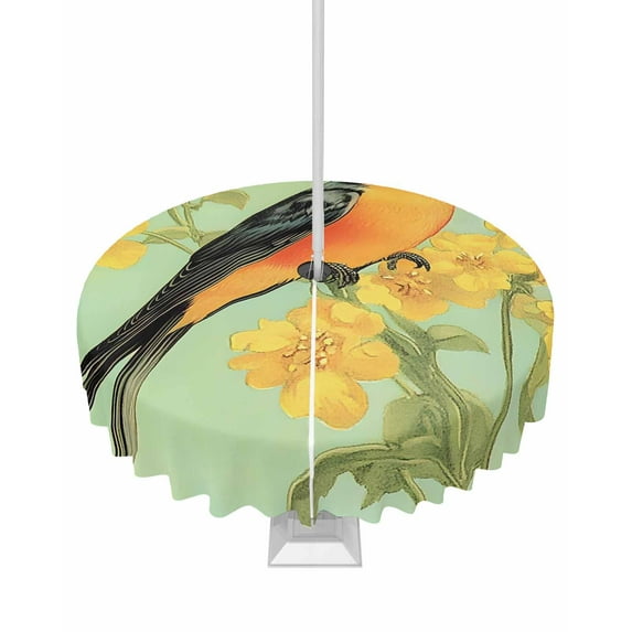 Fsddascl Yellow Sage Green Floral Outdoor Tablecloth - 60 Inch Round Dining Table Cover, Vintage Summer Bird Botanical Waterproof Outdoor Table Cloth with Umbrella Hole & Zipper for Picnic/Patio
