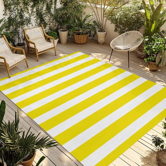 Fsddascl Yellow Striped Outdoor Rug for Patio/Deck/Porch, Non-Slip Large Area Rug 6 x 9 Ft, Modern Farmhouse Yellow White Stripes Indoor Outdoor Rugs Washable Area Rugs, Camping Rug Carpet