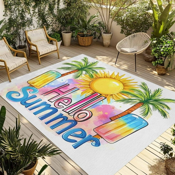Fsddascl Yellow Summer Botanical Outdoor Rug for Patio/Deck/Porch, Non-Slip Large Area Rug 4 x 6 Ft, Green Palm Trees Indoor Outdoor Rugs Washable Area Rugs, Reversible Camping Rug Carpet Runner