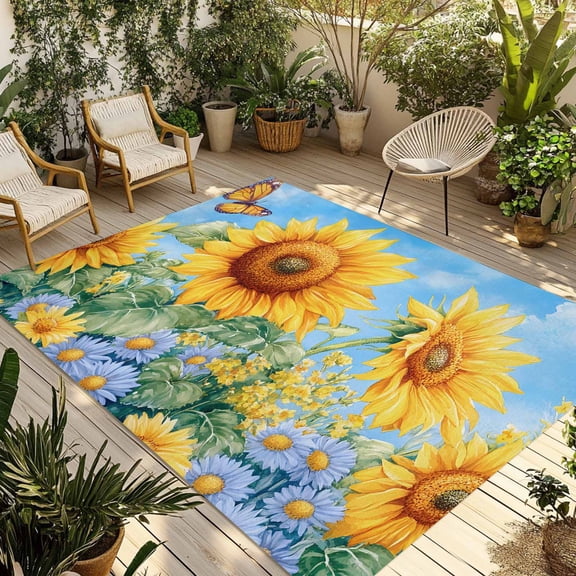 Fsddascl Yellow Sunflower Daisy Outdoor Rug for Patio/Deck/Porch, Non-Slip Large Area Rug 4 x 6 Ft, Spring Butterfly Country Pastoral Indoor Outdoor Rugs Washable Area Rugs, Camping Rug Carpet