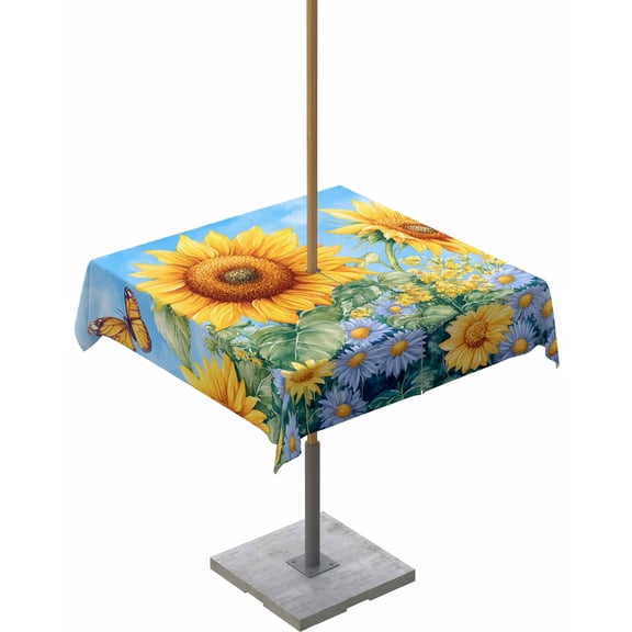Fsddascl Yellow Sunflower Daisy Outdoor Tablecloth - 54x54 Inch Square Dining Table Cover, Spring Butterfly Country Pastoral Waterproof Outdoor Table Cloth with Umbrella Hole & Zipper for Patio
