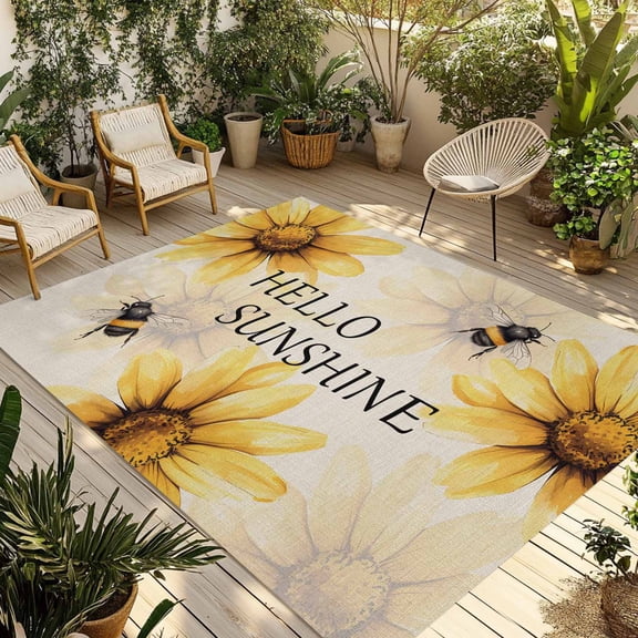 Fsddascl Yellow Sunflower Outdoor Rug for Patio/Deck/Porch, Non-Slip Large Area Rug 6 x 9 Ft, Bee Retro Simple Text Art Aesthetic Indoor Outdoor Rugs Washable Area Rugs, Camping Rug Carpet