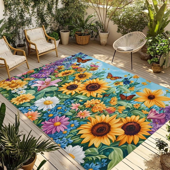 Fsddascl Yellow Sunflower Outdoor Rug for Patio/Deck/Porch, Non-Slip Large Area Rug 6 x 9 Ft, Wildflower Daisy Country Farm Pastoral Indoor Outdoor Rugs Washable Area Rugs, Camping Rug Carpet