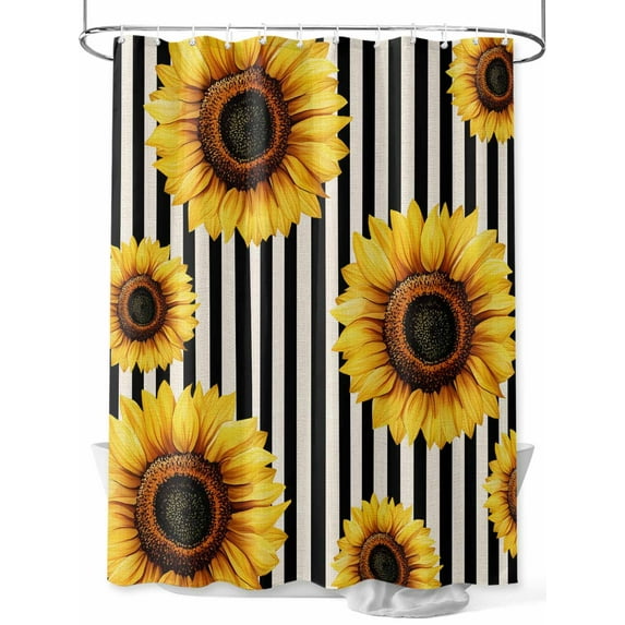 Fsddascl Yellow Sunflower Shower Curtain Set - Long 72" x 84" Washable Bathtub Curtain with 12 Hooks, Black Beige Striped Retro Pastoral Waterproof Fabric Stall Shower Curtains for Bathroom/Bathtub