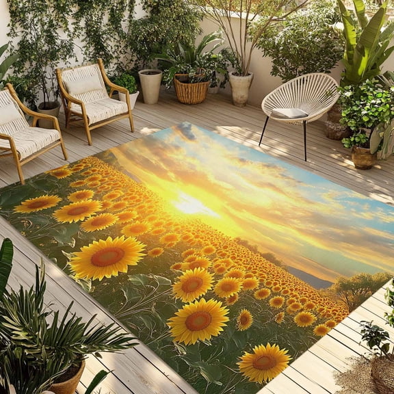 Fsddascl Yellow Sunflowers Outdoor Rug for Patio/Deck/Porch, Non-Slip Large Area Rug 4 x 6 Ft, Farmhouse Botanical Floral Sunset Indoor Outdoor Rugs Washable Area Rugs, Reversible Camping Rug Carpet