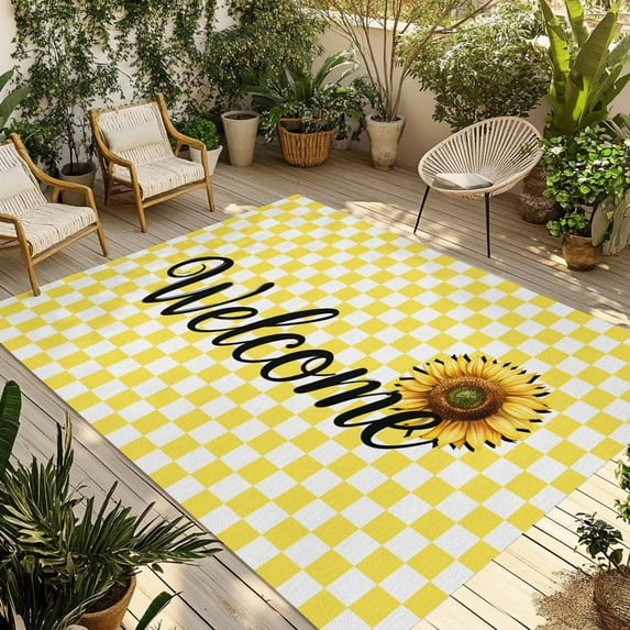 Fsddascl Yellow Sunflowers Outdoor Rug for Patio/Deck/Porch, Non-Slip Large Area Rug 4 x 6 Ft, Spring Flower Retro Plaid Indoor Outdoor Rugs Washable Area Rugs, Reversible Camping Rug Carpet Runner