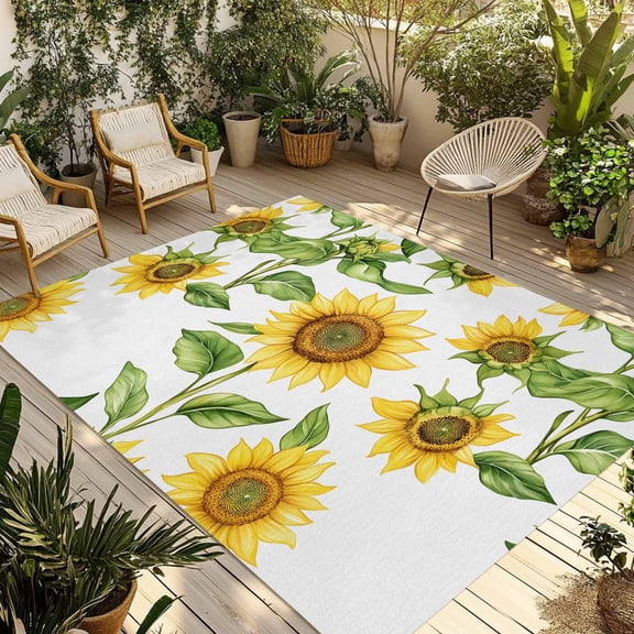 Fsddascl Yellow Sunflowers Outdoor Rug for Patio/Deck/Porch, Non-Slip Large Area Rug 4 x 6 Ft, Summer Spring Country Flowers Indoor Outdoor Rugs Washable Area Rugs, Reversible Camping Rug Carpet