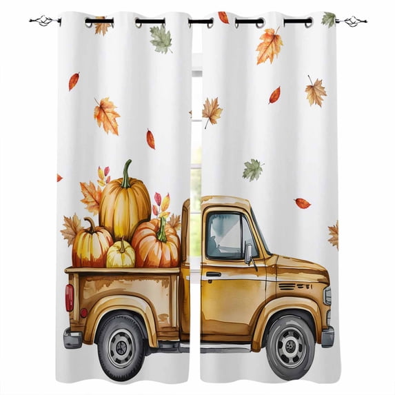 Fsddascl Yellow Truck Fall Blackout Curtains for Bedroom/Living Room, Thermal Insulated Kitchen Curtains, Thanksgiving Pumpkins Maple Grommet Darkening Window Treatment Drapes 27.5"x39"x2
