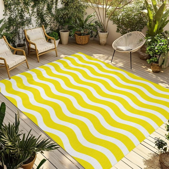 Fsddascl Yellow White Outdoor Rug for Patio/Deck/Porch, Non-Slip Large Area Rug 6 x 9 Ft, Modern Abstract Waves Water Ripple Striped Indoor Outdoor Rugs Washable Area Rugs, Camping Rug Carpet