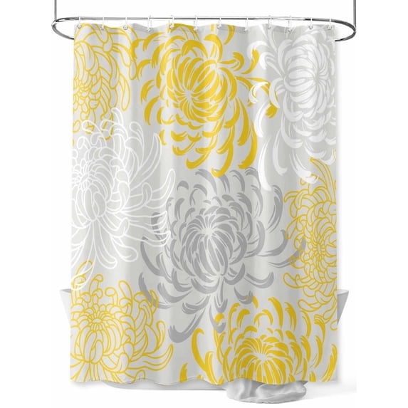 Fsddascl Yellow White Shower Curtain Set - Extra Long 72" x 96" Washable Bathtub Curtain with 12 Hooks, Abstract Grey Chrysanthemum Flower Floral Waterproof Fabric Stall Shower Curtains for Bathroom