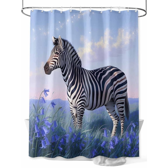 Fsddascl Zebra Grassland Shower Curtain Set - Long 72" x 84" Washable Bathtub Curtain with 12 Hooks, Purple Wildflowers Starry Sky Natural Scenery Waterproof Fabric Stall Shower Curtains for Bathroom