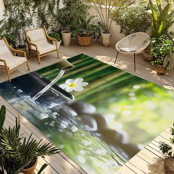 Fsddascl Zen Stones Water Flowing Outdoor Rug for Patio/Deck/Porch, Non-Slip Large Area Rug 6 x 9 Ft, Floral Green Forest Indoor Outdoor Rugs Washable Area Rugs, Reversible Camping Rug Carpet Runner