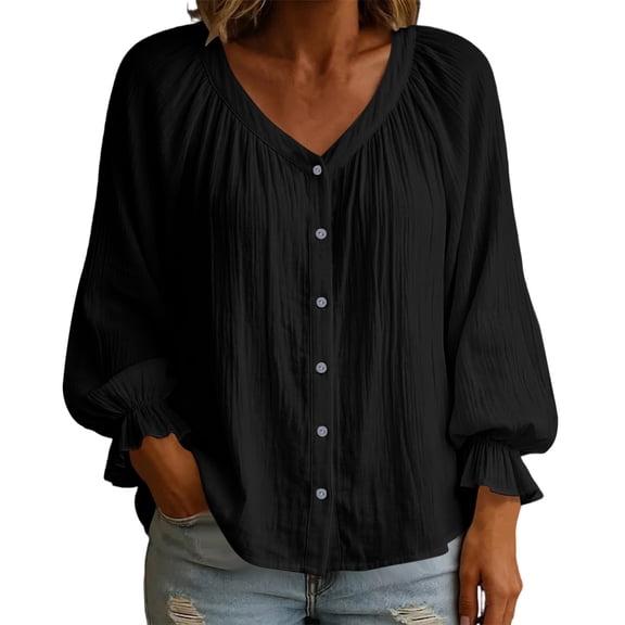 Fsgntruao Cotton Linen Puff Sleeve Blouse for Women V Neck Ruffle Cuff Button Pleated Loose Fit Top Black,S