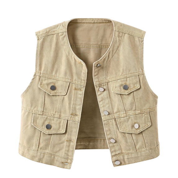 Fsgntruao Denim Waistcoat for Women Solid Slim Fit Sleeveless Jacket with Pockets Khaki 4XL