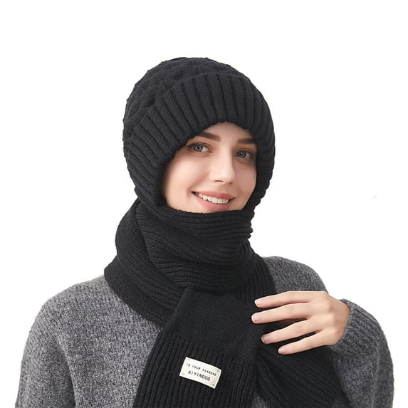 Fsgntruao Ear Protection Hats Scarf for Women Winter Thickened Keep Warm Conjoined Knitting Black,Free Size