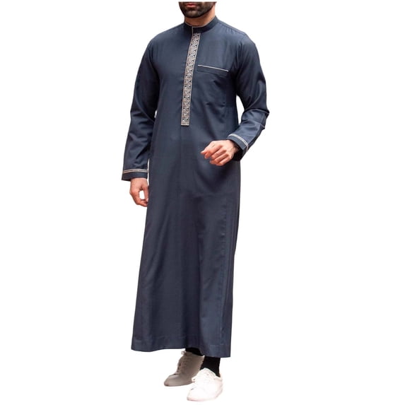 Fsgntruao Muslim Robe for Men Kaftan Thobe Long Sleeve Embroidered Stand Collar Loose Fit Pocket Pullover Casual Wear Blue,M