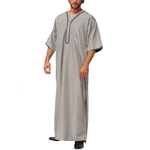 Fsgntruao Muslim Robe for Men Stand Collar Long Sleeve Button Front with Pockets Loungewear Gray,XXL